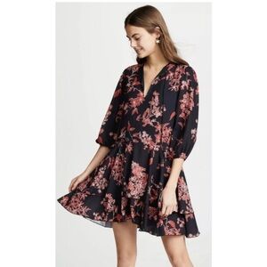 Alice + Olivia Moore Blouson Sleeve Dress Size Small Black Red Floral Vneck FLAW